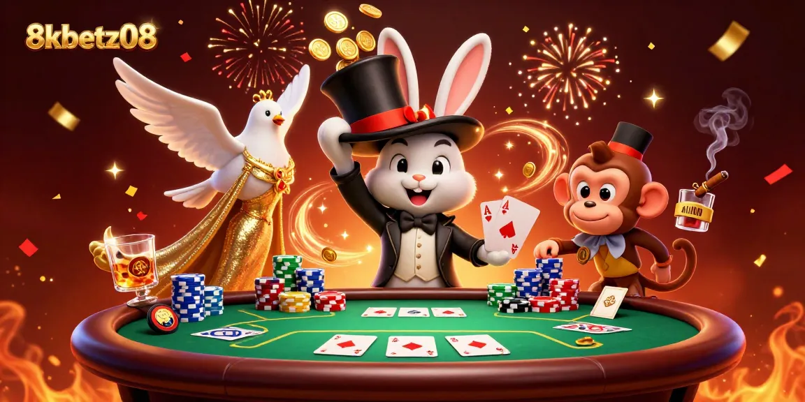 Engage with thrilling gameplay at 8xbetz08, featuring a magician rabbit with coins, a dove, and playful monkey amidst action.