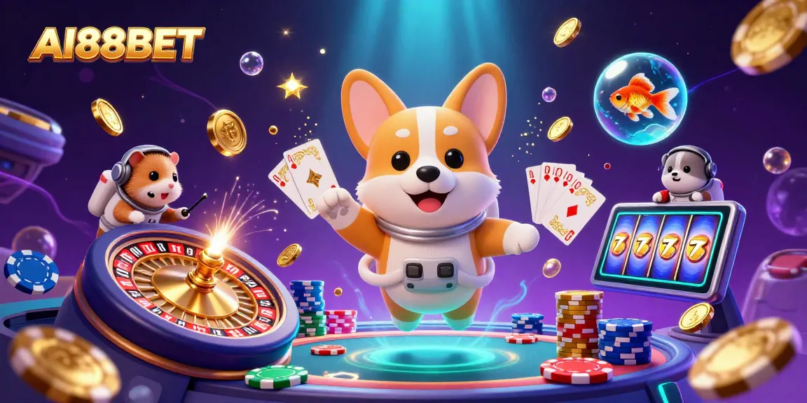 Experience the thrill of AI88BET in a dynamic 3D casino scene with an astronaut corgi and floating treasures.