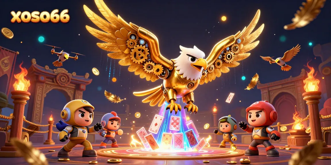 Experience thrilling gameplay at xoso66 with a cybernetic eagle amid flying cards and casino elements.