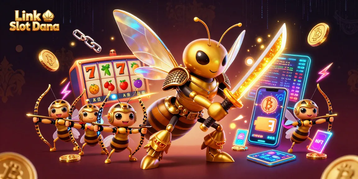 Link Slot Dana showcases a vibrant 3D cartoon scene of a golden hornet in samurai armor with slot game elements.