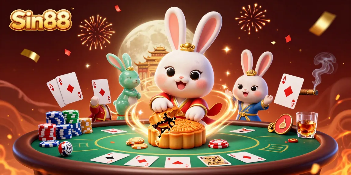 Experience Sin88 with a vibrant poker scene featuring animated moon rabbits and festive elements.