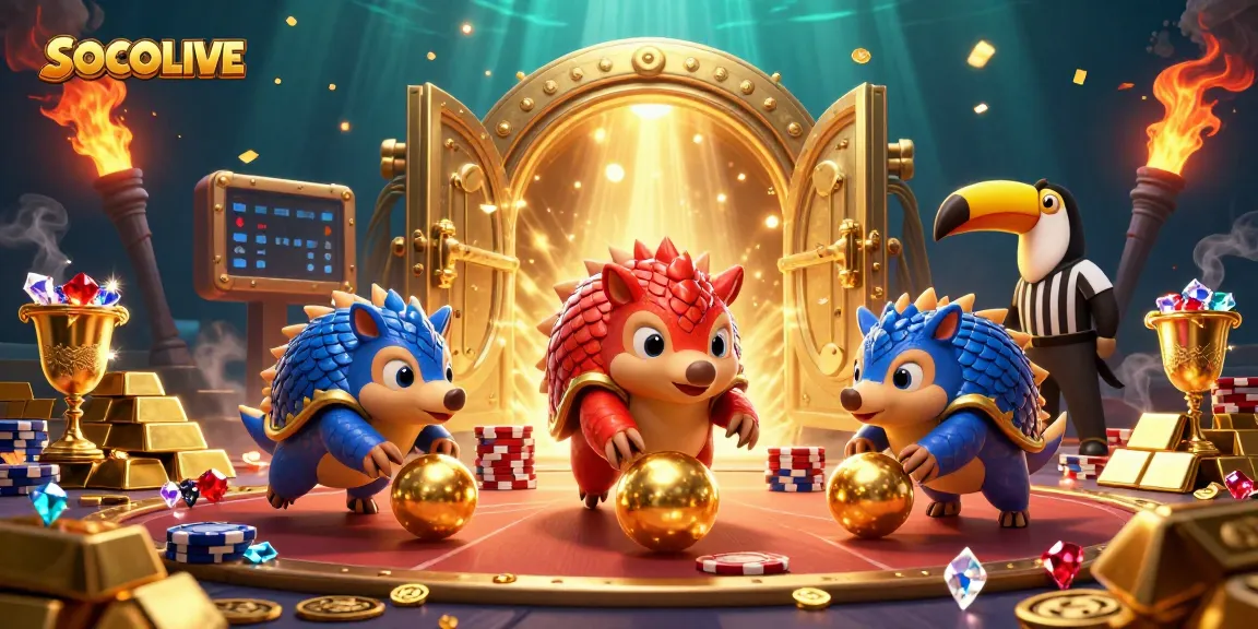 Experience thrilling gameplay with SOCOLIVE's vibrant 3D pangolins and golden treasures.