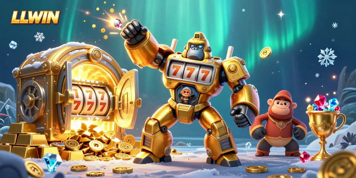Experience LLWIN's dynamic gaming world with a golden gorilla mech and treasures exploding!