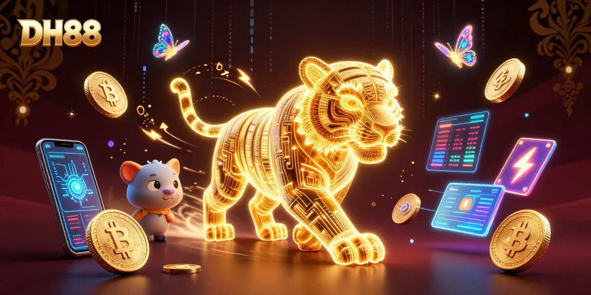 Experience thrilling gaming with DH88, featuring a neon tiger and glowing crypto coins in a vibrant casino.