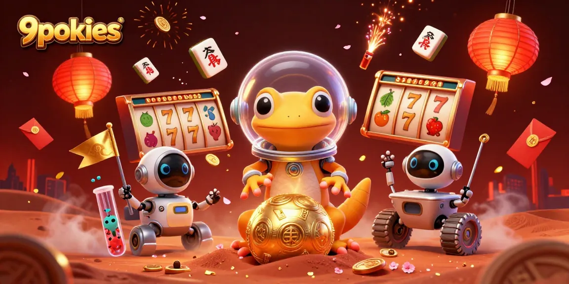 Engage with 9pokies through a Martian gecko and a golden casino amidst vibrant visuals.