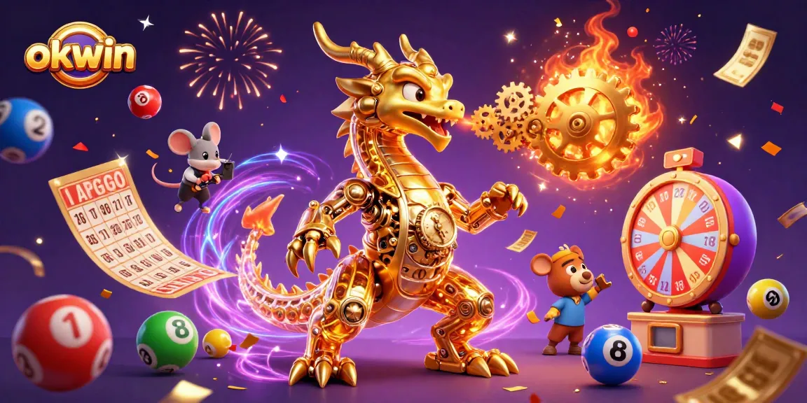 Experience thrilling action at okwin as colorful lottery balls and golden prizes surround a biomechanical dragon.