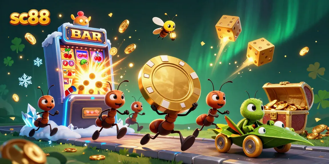 Experience the thrill of sc88 as ants orchestrate a heist for a giant golden poker chip in a vibrant, dynamic casino scene.