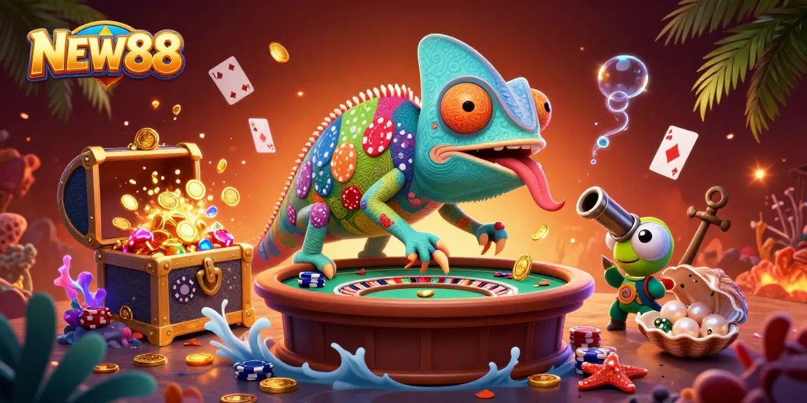Spin the reels with NEW88 where the chameleon casino owner catches golden coins in a vibrant underwater setting.