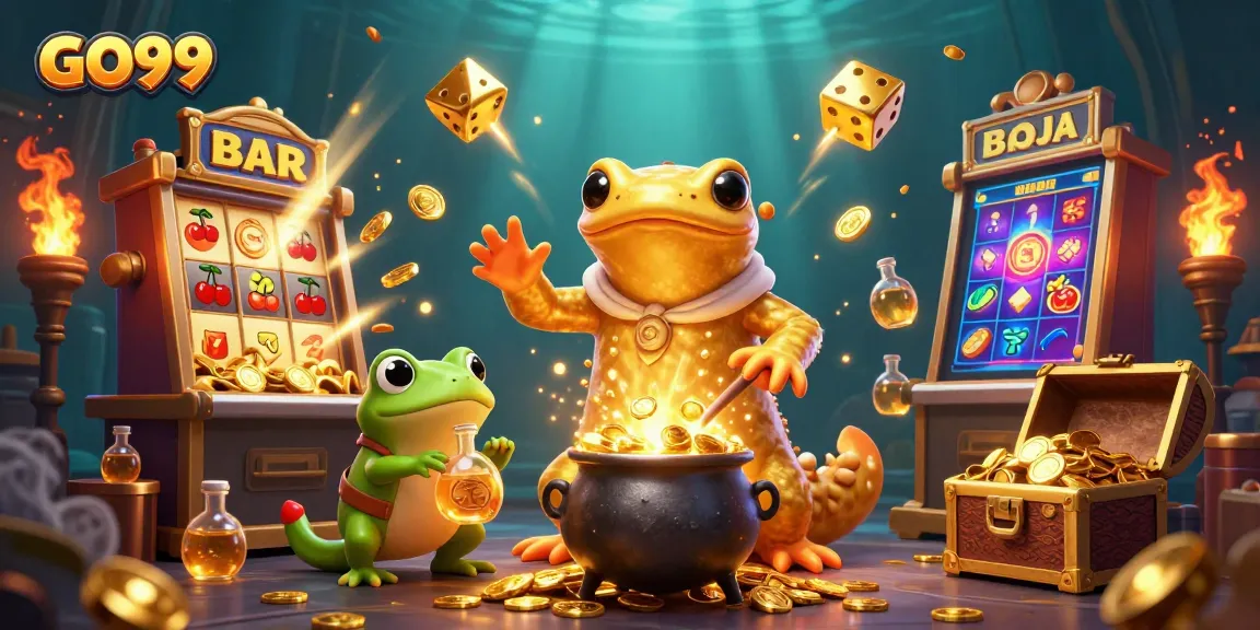 Experience GO99 with a captivating scene of golden alchemy and dynamic casino elements.