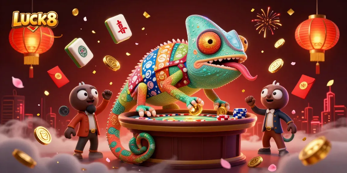 LUCK8 casino illustration featuring a chameleon owner amidst festive gaming elements and rich decorations.