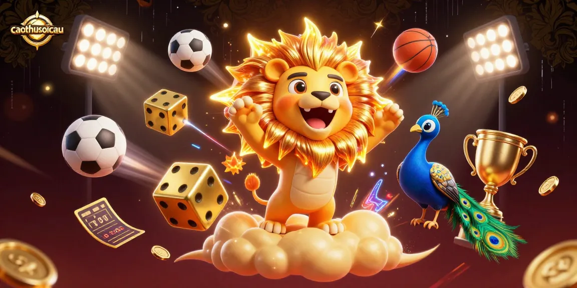 Caothusoicau ignites excitement with a roaring sun lion and golden dice in a dynamic gambling scene.