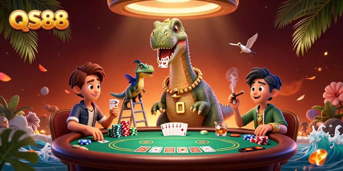 Experience the excitement of QS88 with a vibrant 3D casino scene featuring a giant brontosaurus and card-dealing raptor.