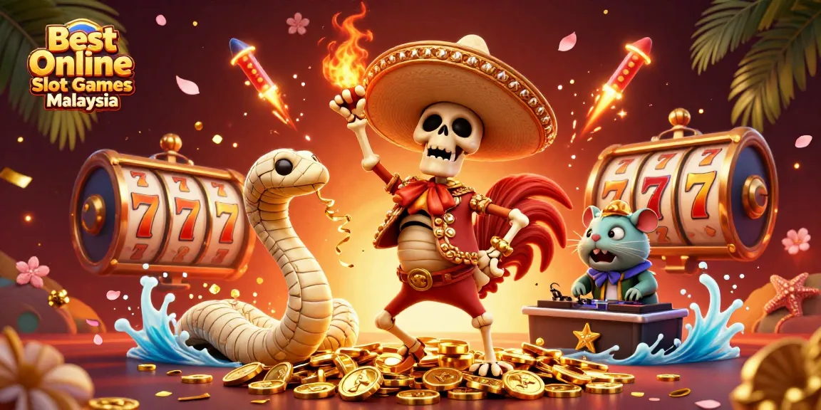 Experience the Best Online Slot Games Malaysia with vibrant characters celebrating around dynamic elements.