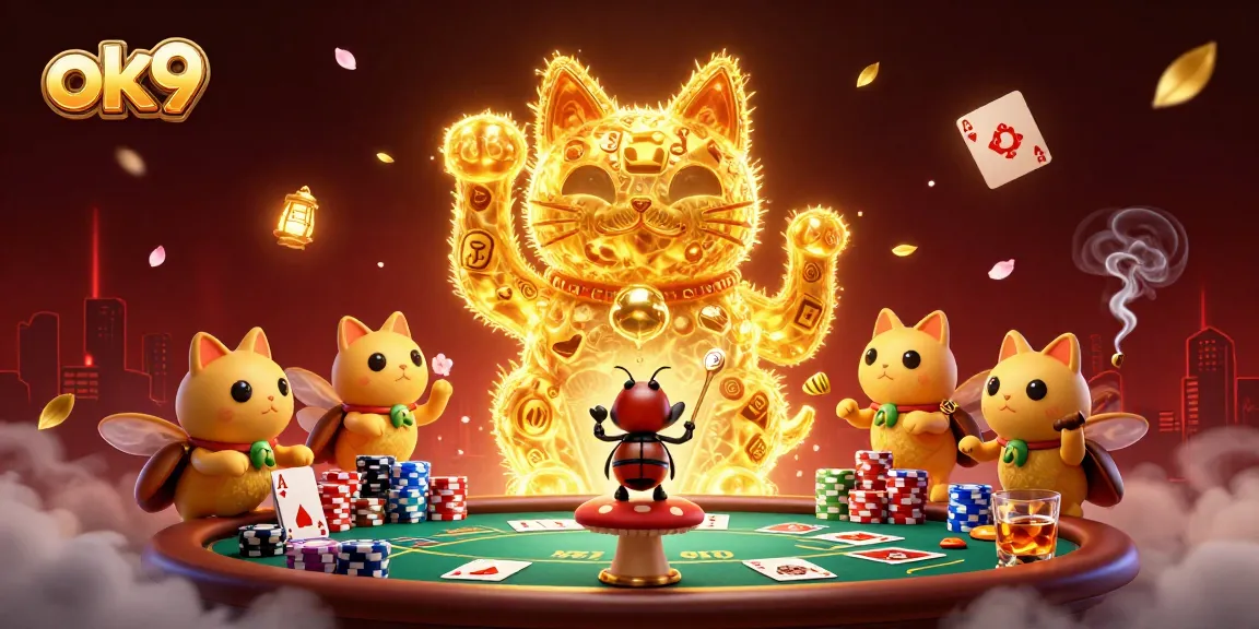 Experience thrilling bets at ok9 with vivid casino action featuring a lucky cat and golden fireflies.
