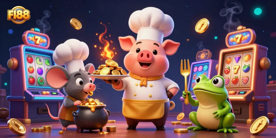 Experience thrilling gameplay at Fl88 with a vibrant scene of pig chef and friends in a 3D casino setting.
