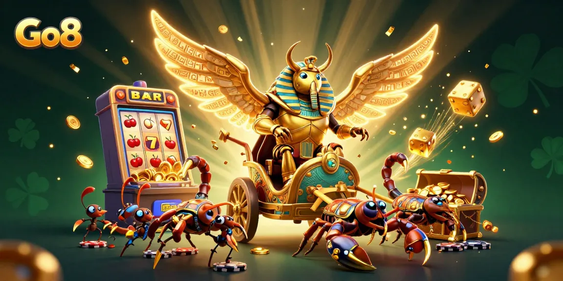 Experience the excitement with Go8 as golden symbols burst from a slot machine in a vibrant casino scene.
