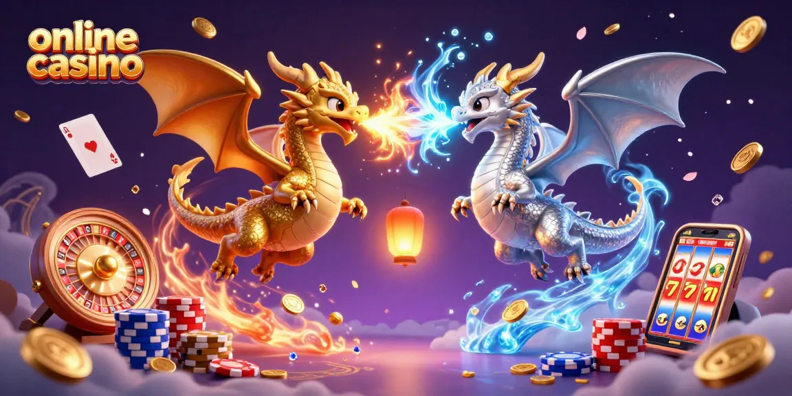 Engage with the vibrant scene of an online casino featuring twin dragons, coins, and a roulette wheel.