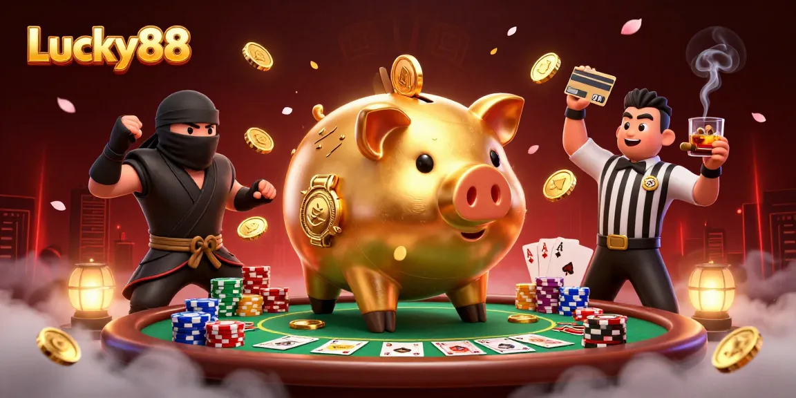 Experience high-stakes poker action with Lucky88's golden sumo wrestler, wallet-ninja, and referee!