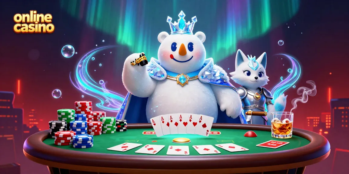 Engage in thrilling poker action at an online casino with a vibrant scene featuring a polar bear and snow fox.
