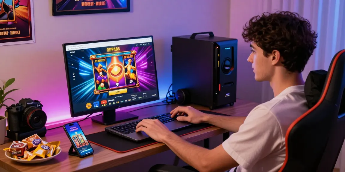 Player enjoying OPPA86 situs experience with premium slots and vibrant gaming setup