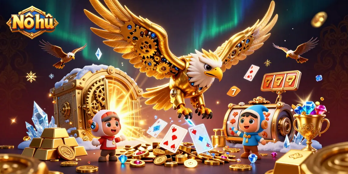 Experience Nổ hũ excitement with vibrant 3D illustration featuring slots and treasure.