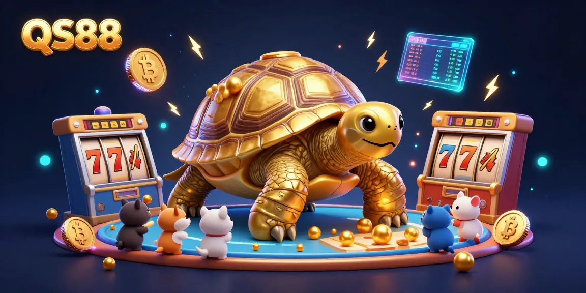 Experience the excitement of slot games at QS88 with a lively scene filled with vibrant 3D characters and casino elements.