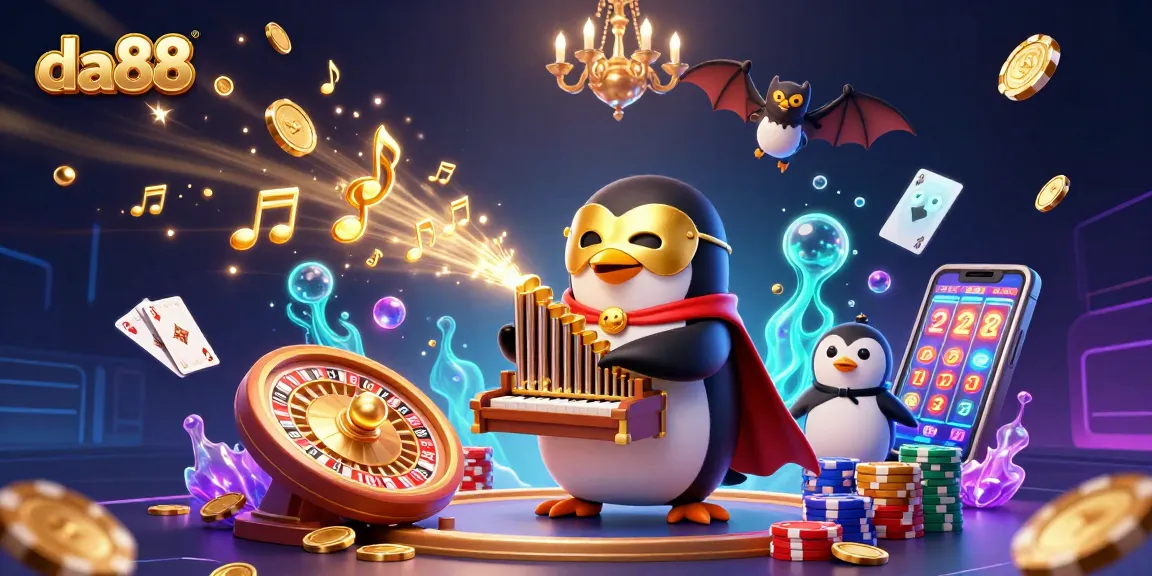 Cascading gold and excitement in da88's dynamic 3D casino illustration featuring a penguin organist.
