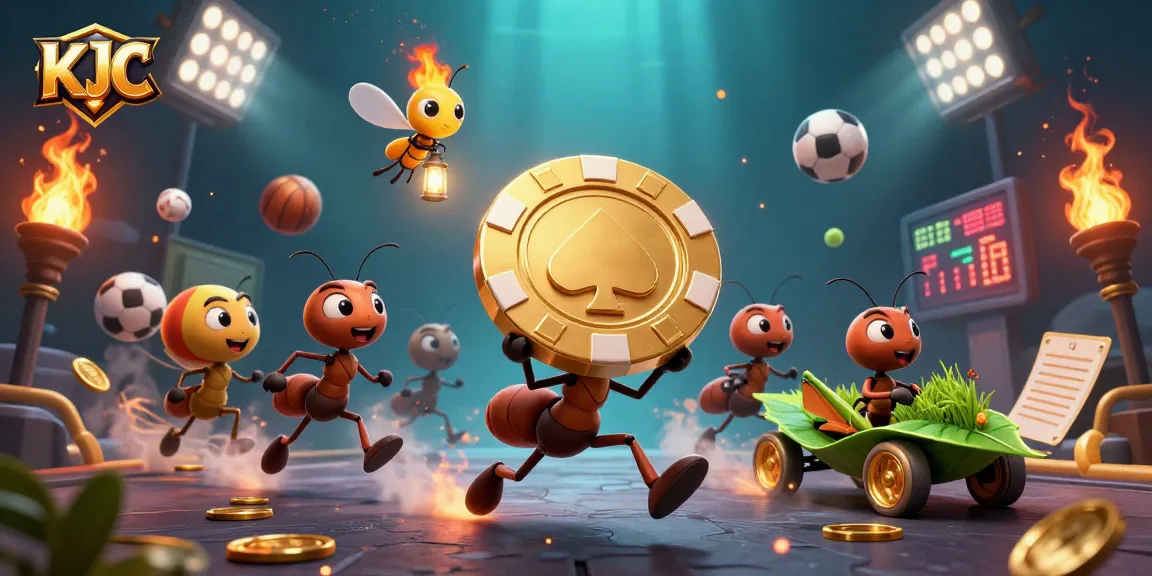 Engage with KJC's dynamic gaming universe as cartoon ants execute a heist with vibrant sports elements.