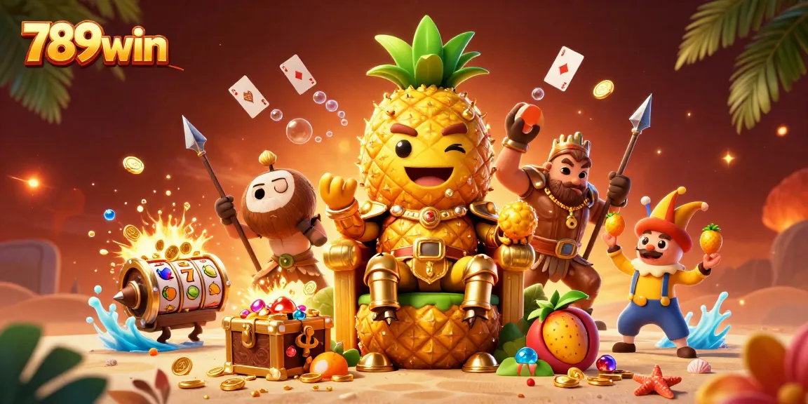 Engage with 789win in a vibrant casino scene featuring the golden pineapple king and lively characters.